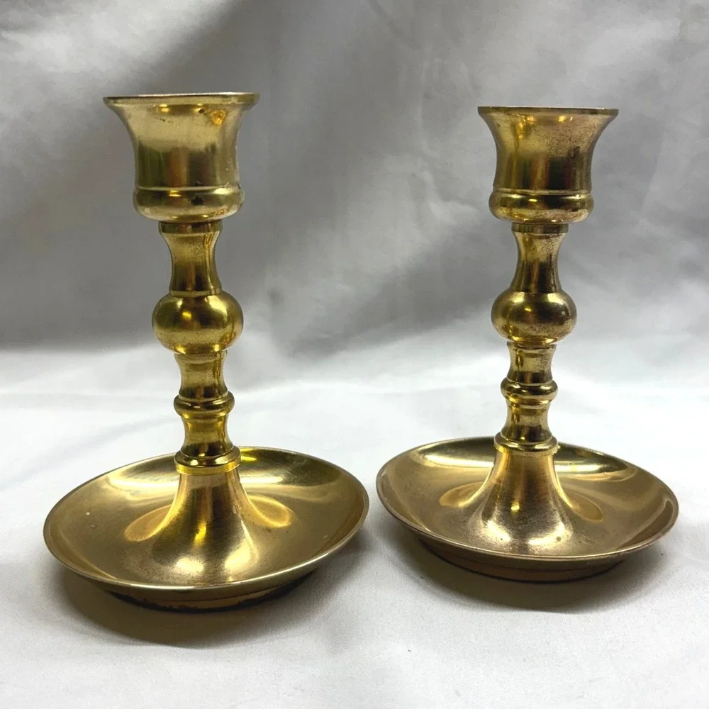 Solid Brass Candlestick Holders Set of 2 Gold Vintage Good Traditional India